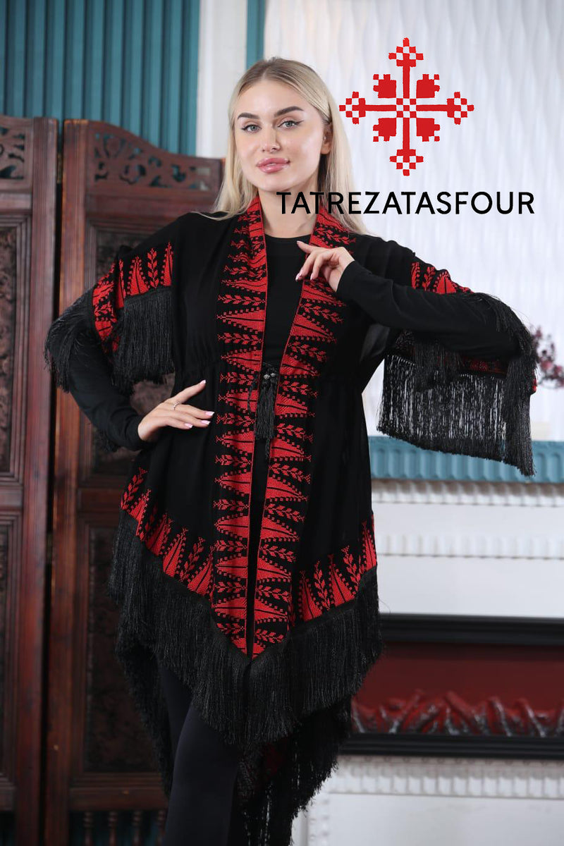 Embroidered Black Fringe Jacket with Red stitching