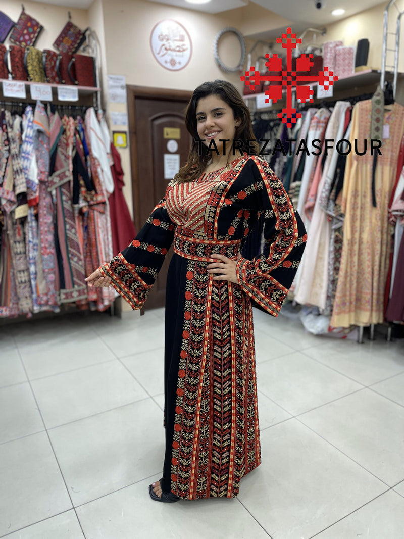 Regal Embroidered Dress in Black and Red Stitching