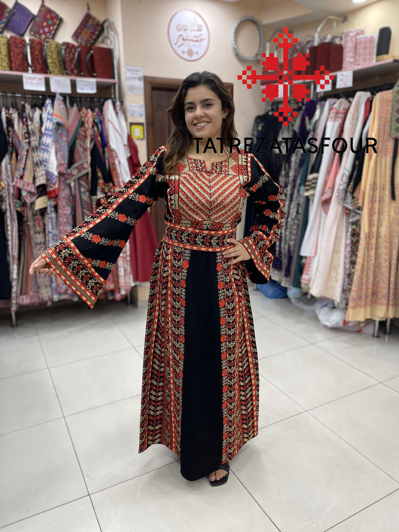 Regal Embroidered Dress in Black and Red Stitching