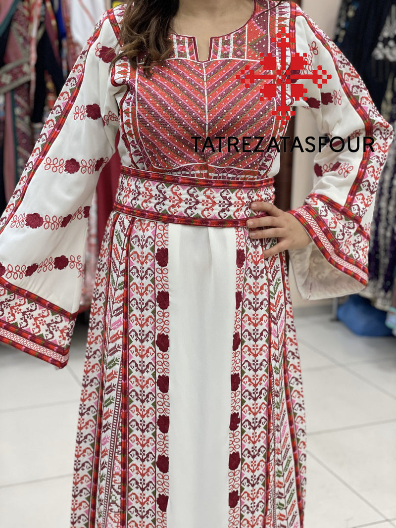 Regal Embroidered Dress in White and Red Stitching