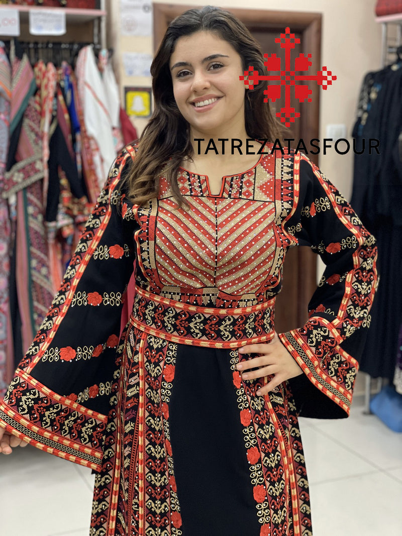 Regal Embroidered Dress in Black and Red Stitching