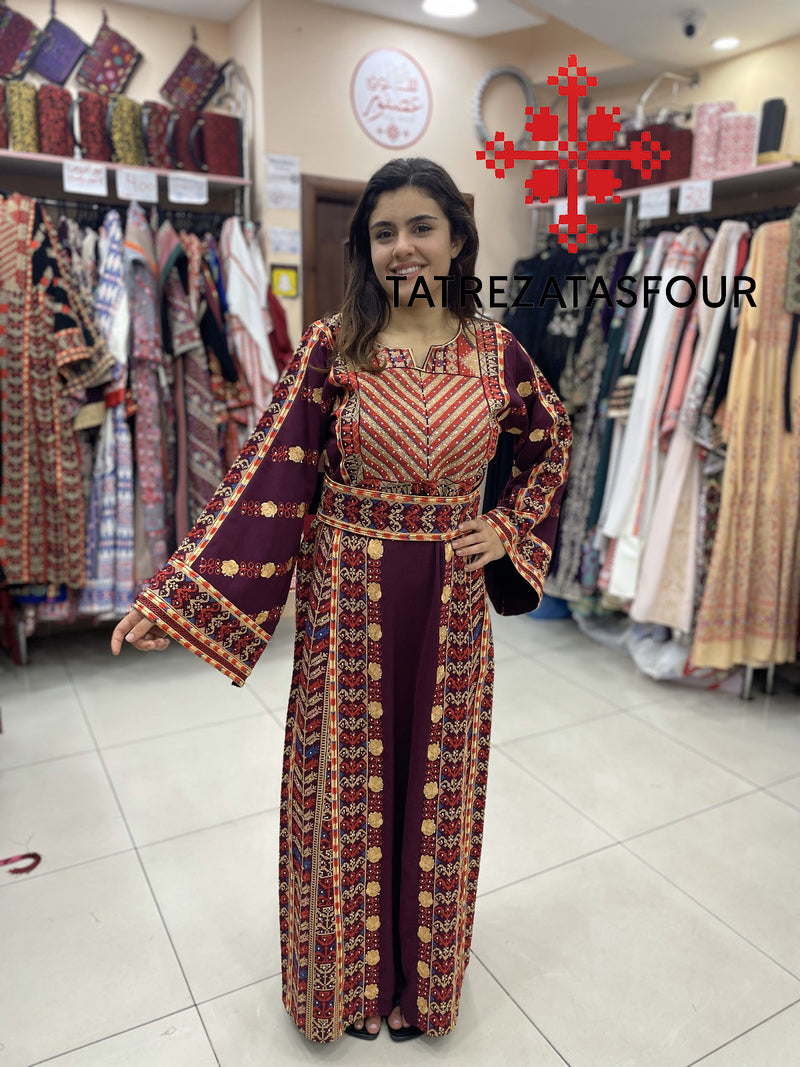 Regal Embroidered Dress in Maroon and Gold Stitching