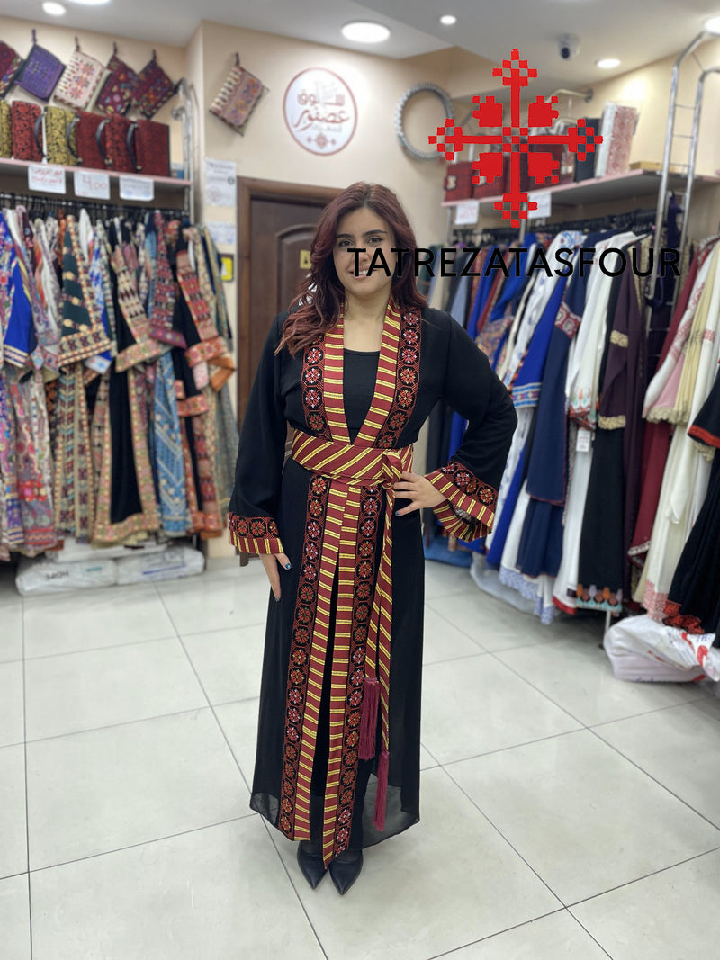 Black Kashmiri Chiffon Cloak with Red Embroidery and Leather Belt