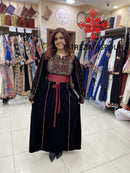 Embroidered Velvet Dress in Black and Burgundy with Satin Belt