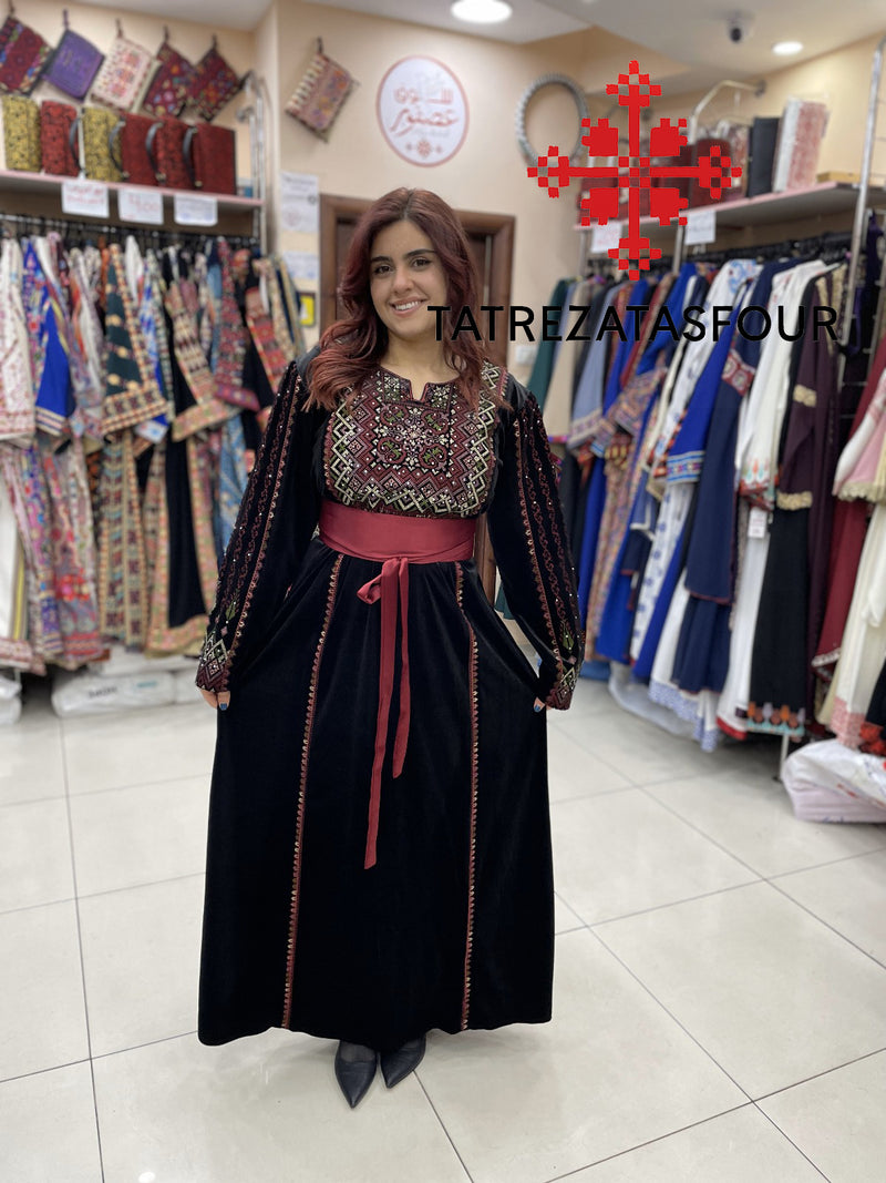 Embroidered Velvet Dress in Black and Burgundy with Satin Belt