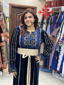 Embroidered Velvet Dress in Navy Blue and Gold with Satin Belt