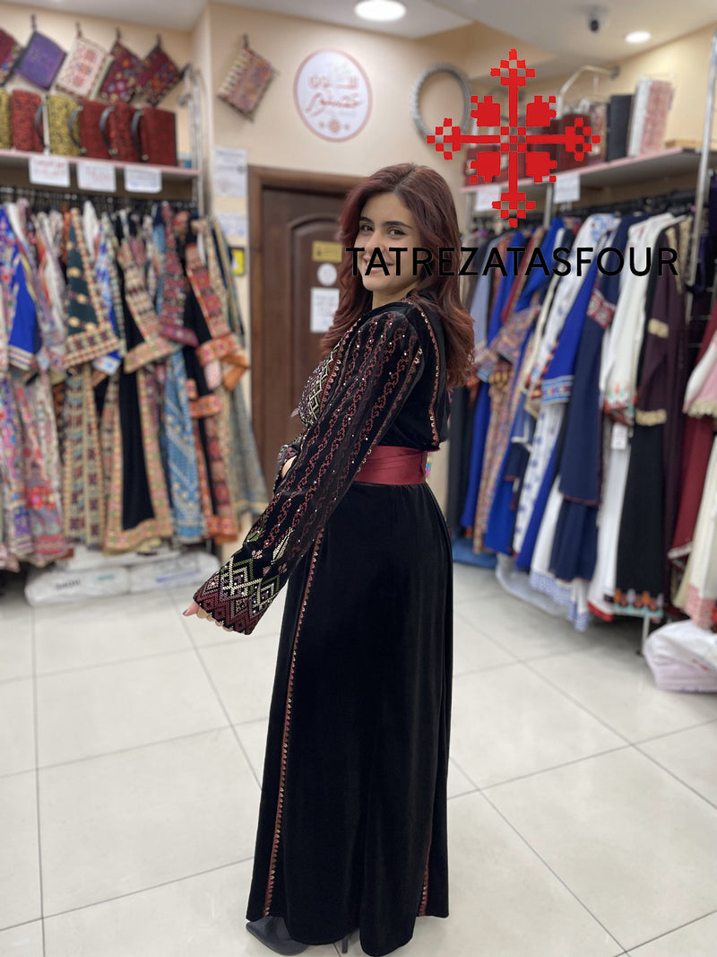 Embroidered Velvet Dress in Black and Burgundy with Satin Belt