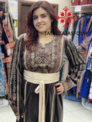 Embroidered Velvet Dress in Brown and Gold with Satin Belt