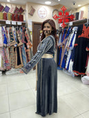 Embroidered Velvet Dress in Slate Blue and Gold with Satin Belt