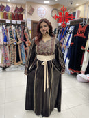 Embroidered Velvet Dress in Brown and Gold with Satin Belt