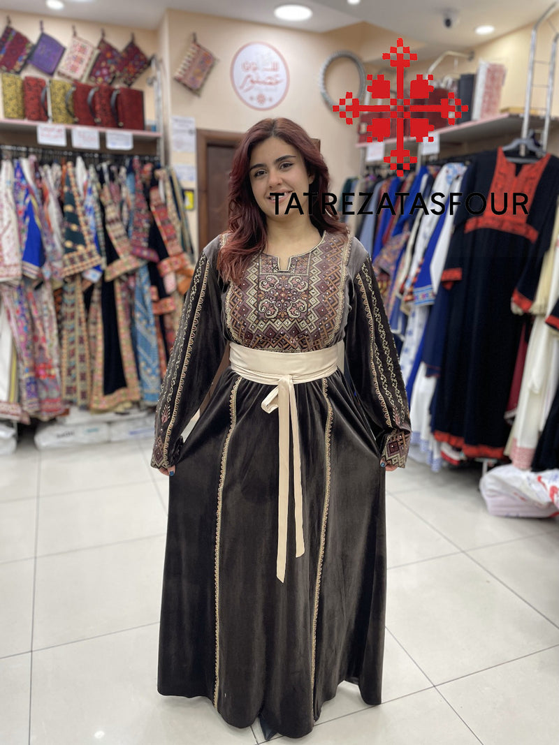 Embroidered Velvet Dress in Brown and Gold with Satin Belt