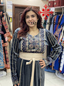 Embroidered Velvet Dress in Slate Blue and Gold with Satin Belt