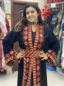 Black Kashmiri Chiffon Cloak with Red Embroidery and Leather Belt