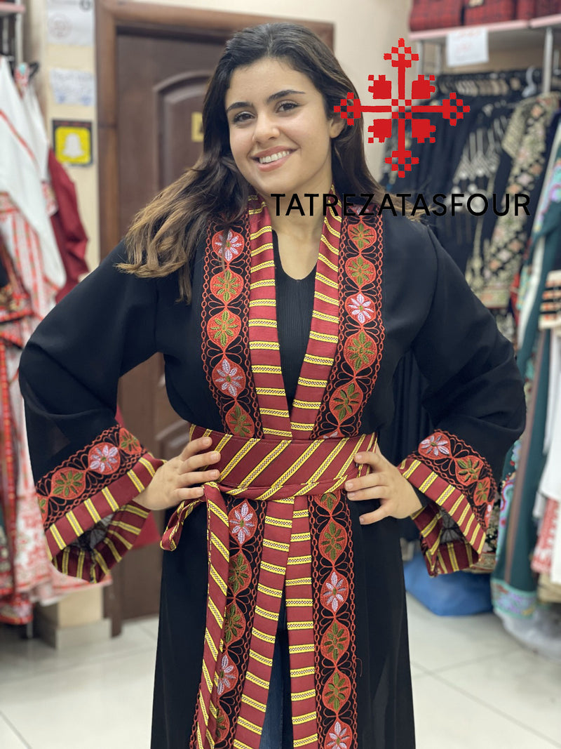 Black Kashmiri Chiffon Cloak with Red Embroidery and Leather Belt