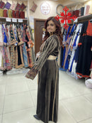 Embroidered Velvet Dress in Brown and Gold with Satin Belt