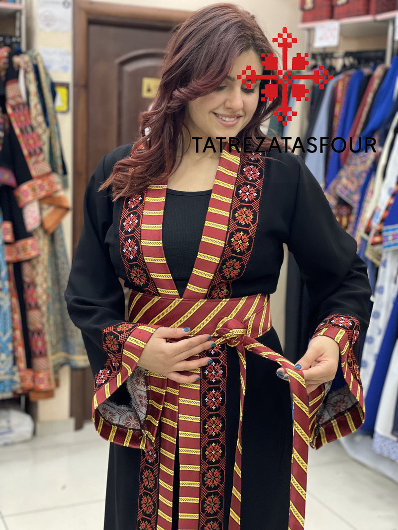 Black Kashmiri Chiffon Cloak with Red Embroidery and Leather Belt