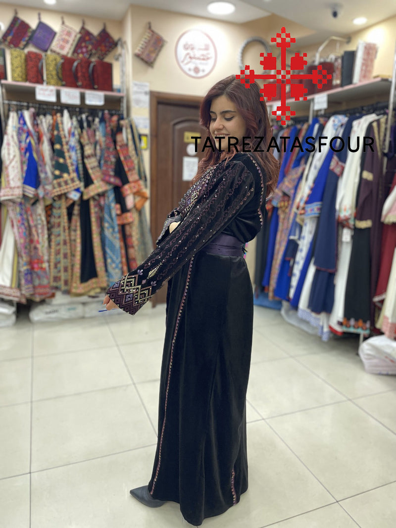 Embroidered Velvet Dress in Black and Purple with Satin Belt