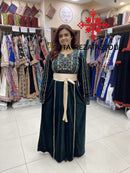 Embroidered Velvet Dress in Dark Olive and Gold with Satin Belt