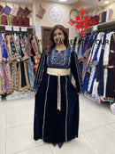 Embroidered Velvet Dress in Navy Blue and Gold with Satin Belt