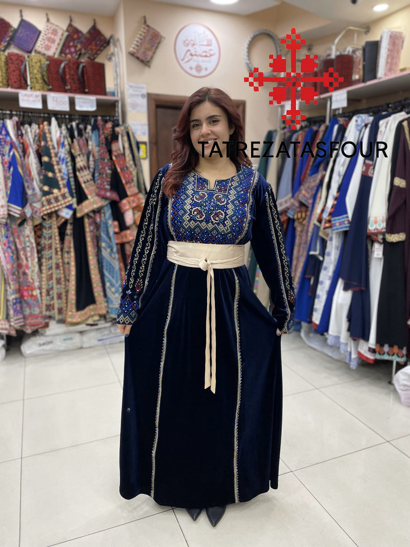 Embroidered Velvet Dress in Navy Blue and Gold with Satin Belt