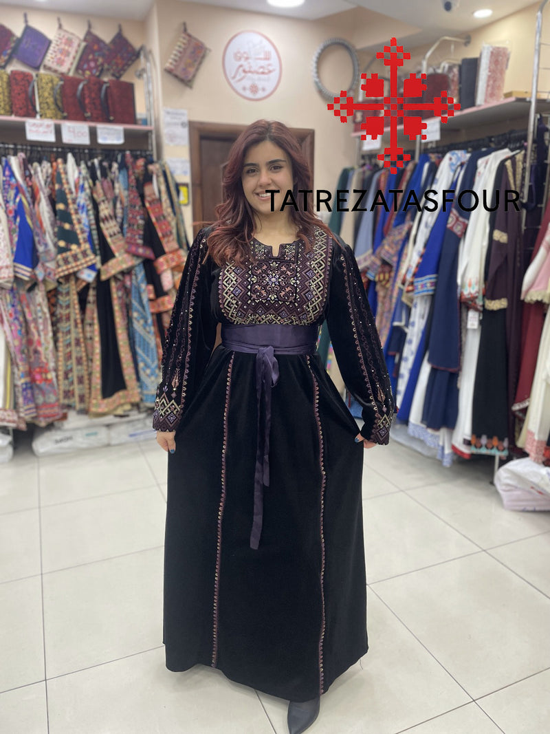 Embroidered Velvet Dress in Black and Purple with Satin Belt