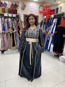 Embroidered Velvet Dress in Slate Blue and Gold with Satin Belt