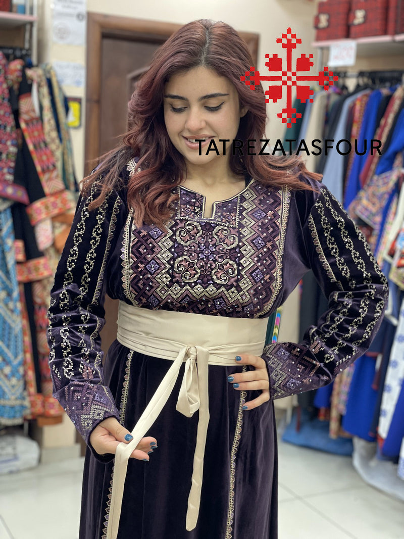 Embroidered Velvet Dress in Purple and Gold with Satin Belt