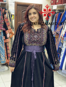 Embroidered Velvet Dress in Black and Purple with Satin Belt