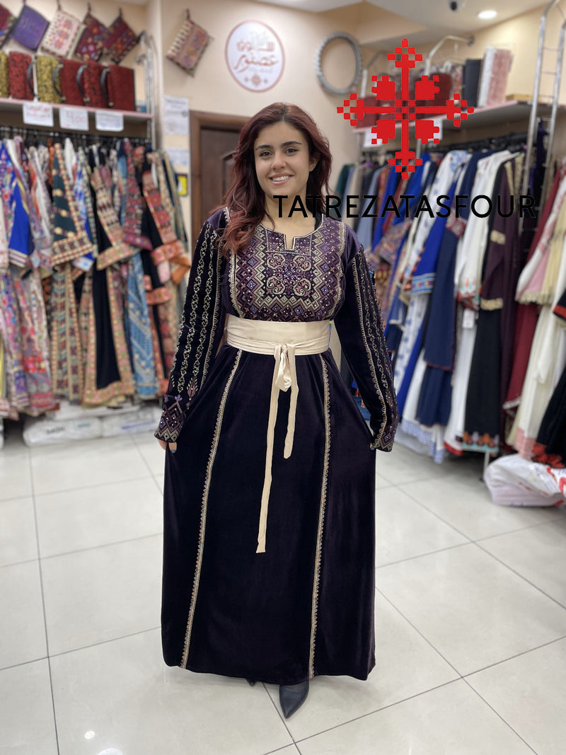 Embroidered Velvet Dress in Purple and Gold with Satin Belt