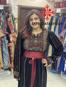 Embroidered Velvet Dress in Black and Burgundy with Satin Belt