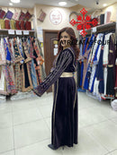 Embroidered Velvet Dress in Purple and Gold with Satin Belt