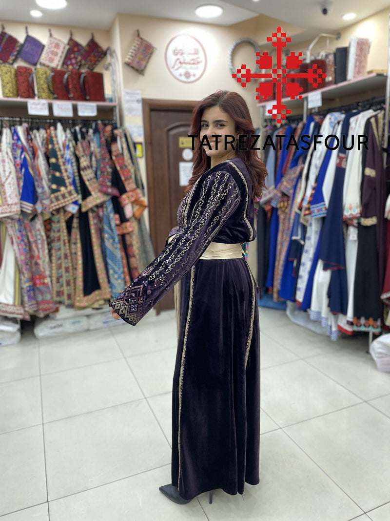 Embroidered Velvet Dress in Purple and Gold with Satin Belt
