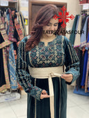 Embroidered Velvet Dress in Dark Olive and Gold with Satin Belt