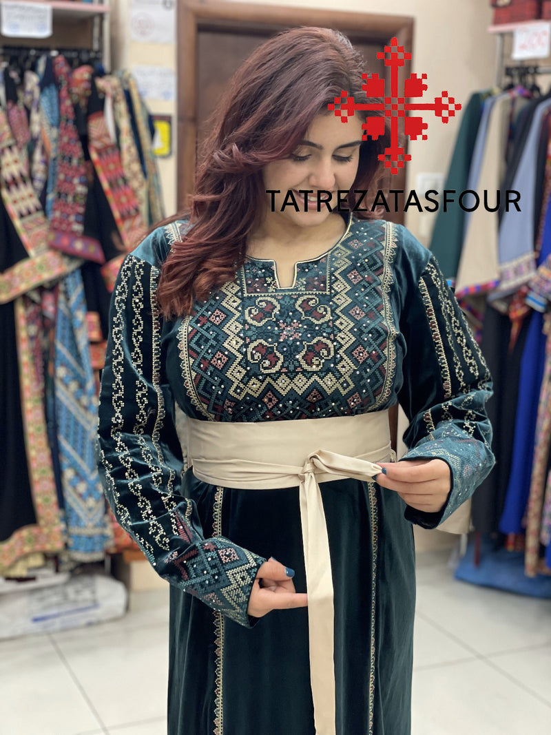 Embroidered Velvet Dress in Dark Olive and Gold with Satin Belt