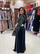 Embroidered Velvet Dress in Dark Olive and Gold with Satin Belt