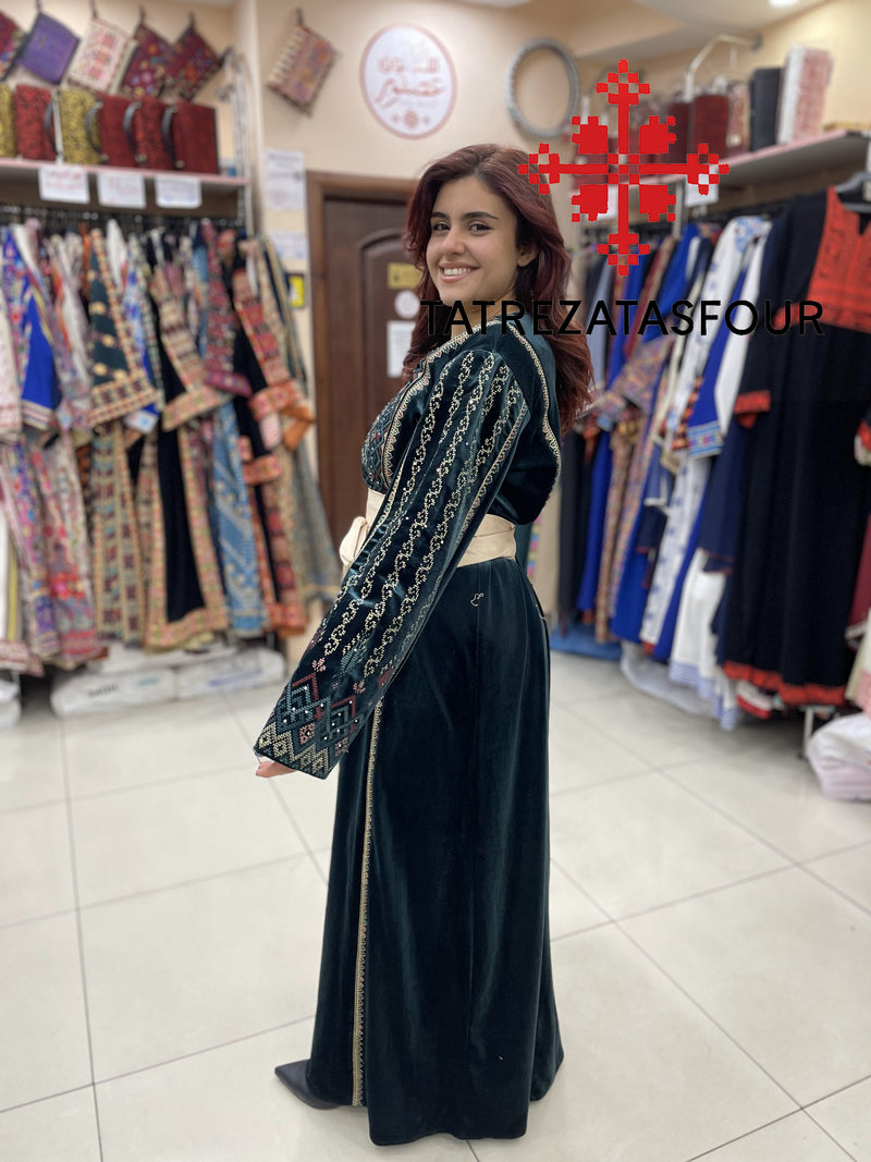 Embroidered Velvet Dress in Dark Olive and Gold with Satin Belt