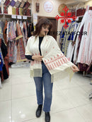 Embroidered White Rectangular Shawl with Red Stitch