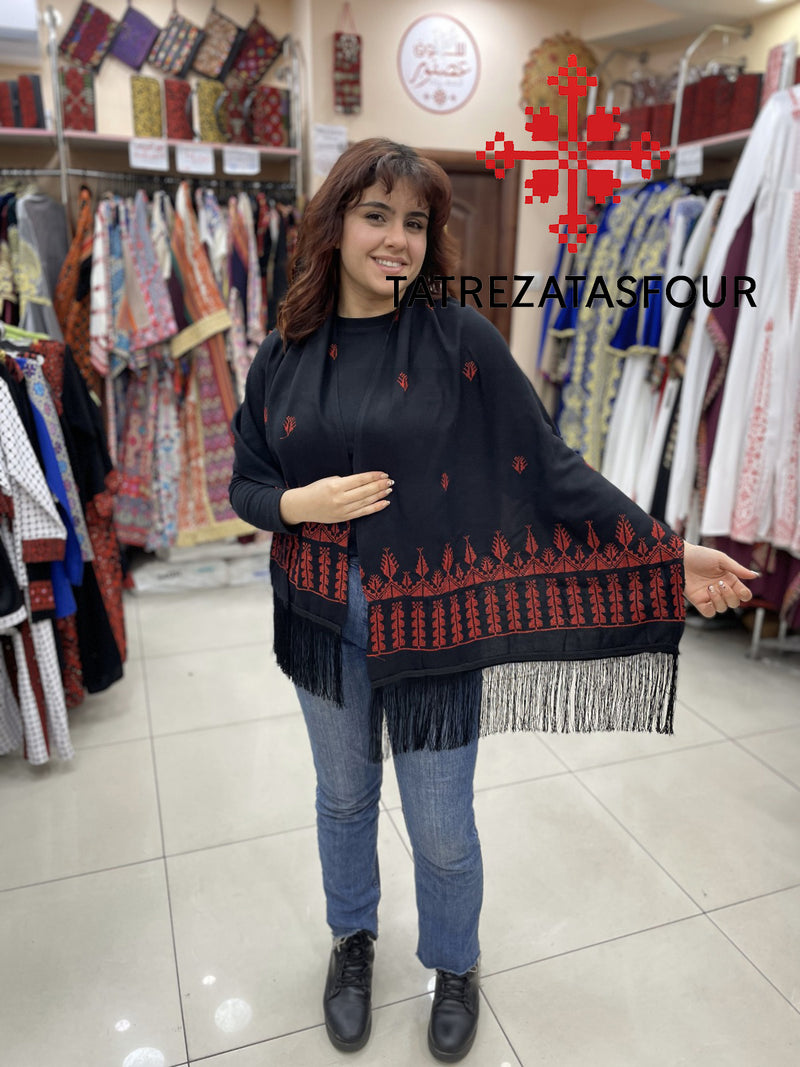 Embroidered Black Rectangular Shawl with Red Stitch
