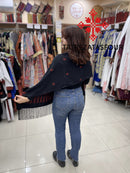 Embroidered Black Rectangular Shawl with Red Stitch