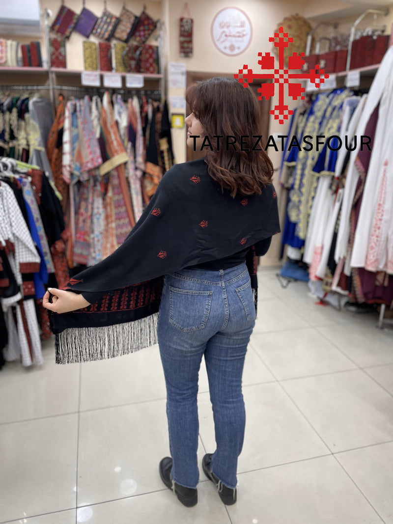 Embroidered Black Rectangular Shawl with Red Stitch