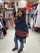 Embroidered Black Rectangular Shawl with Red Stitch