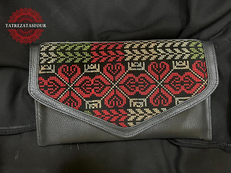 Embroidered Crossbody Bag – Black In Red Accents Triangle Design