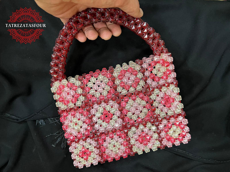Palestinian Handmade Beaded Handbag – Burgundy With White