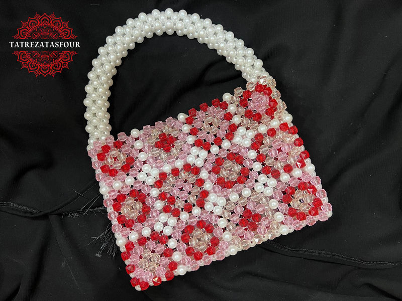 Palestinian Handmade Beaded Handbag – White With Pink