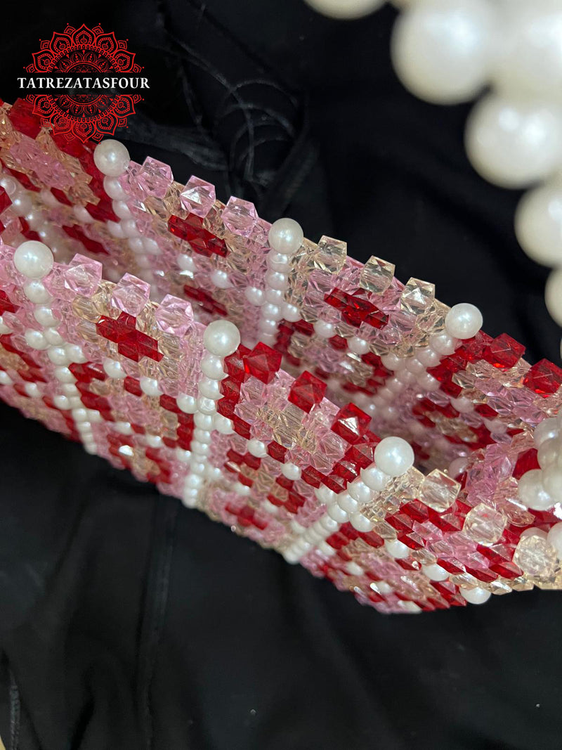 Palestinian Handmade Beaded Handbag – White With Pink