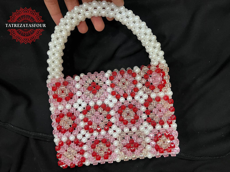 Palestinian Handmade Beaded Handbag – White With Pink