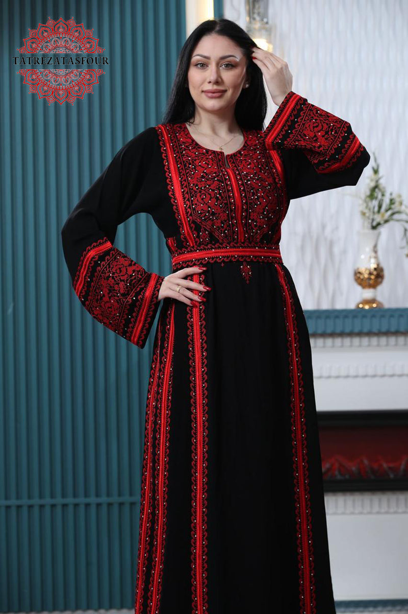Palestinian Black Thobe - Solid Red Manajel Embroidery