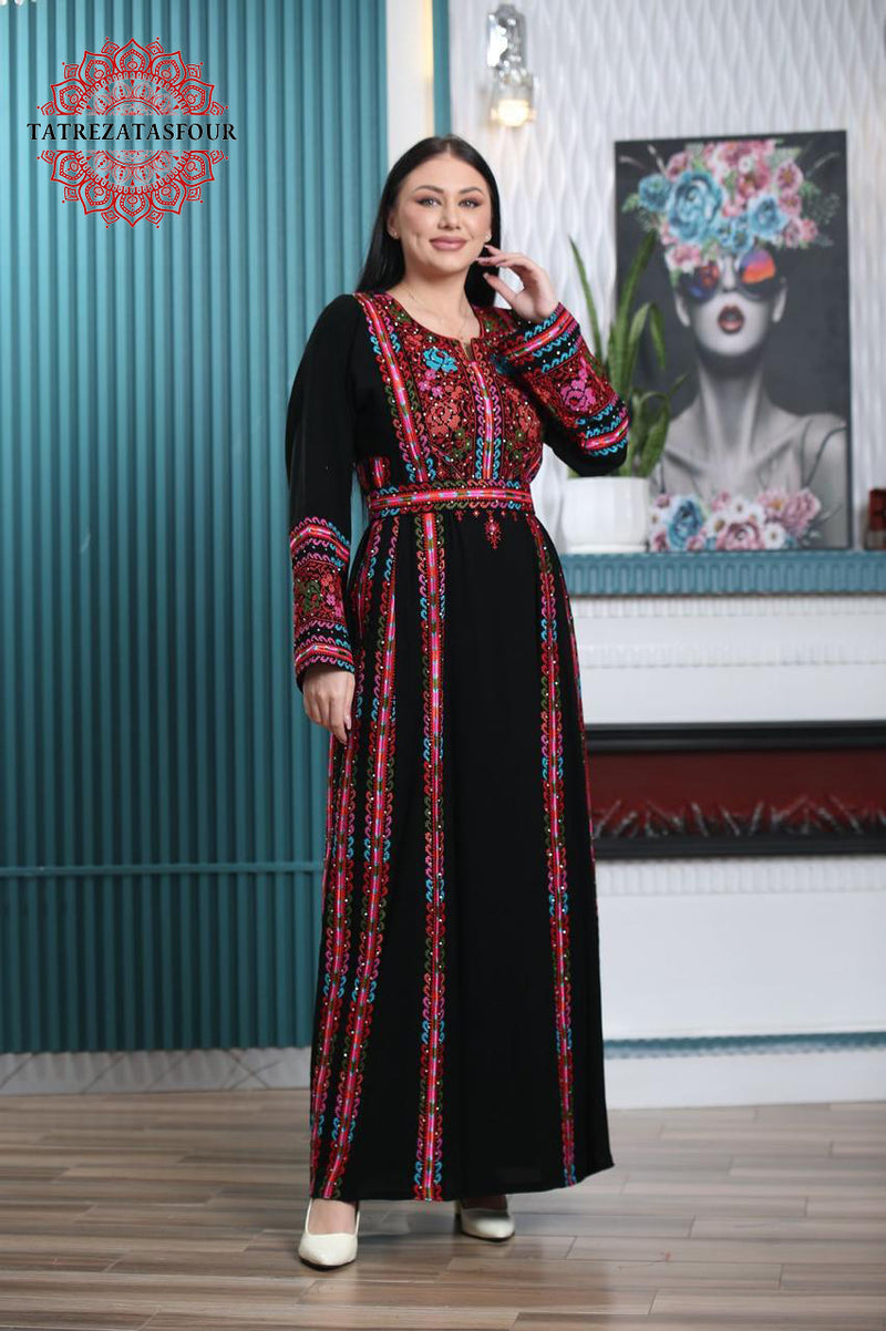 Palestinian Black Thobe with Red and Soft Blue Manajel Embroidery