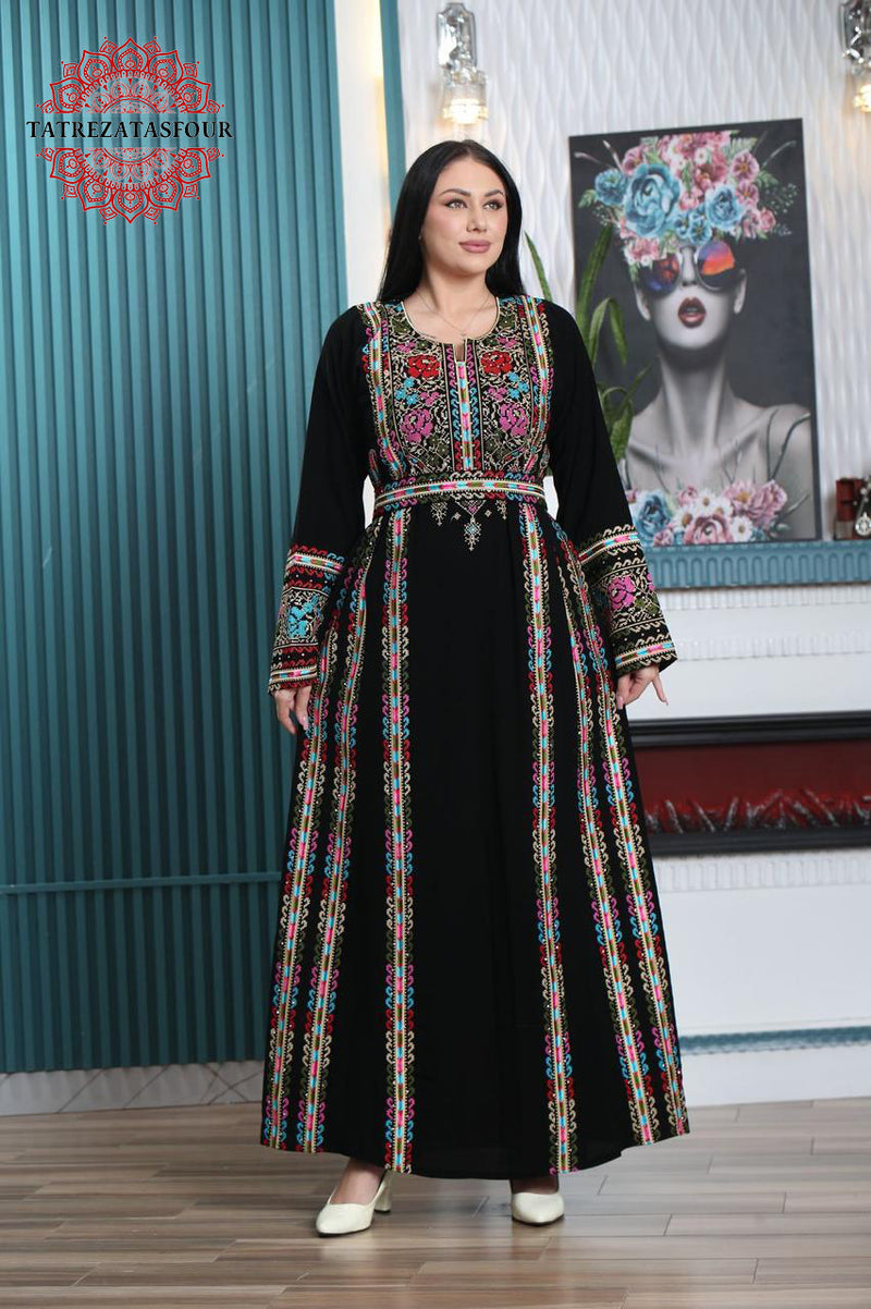 Palestinian Black Thobe with Gold Manajel Embroidery