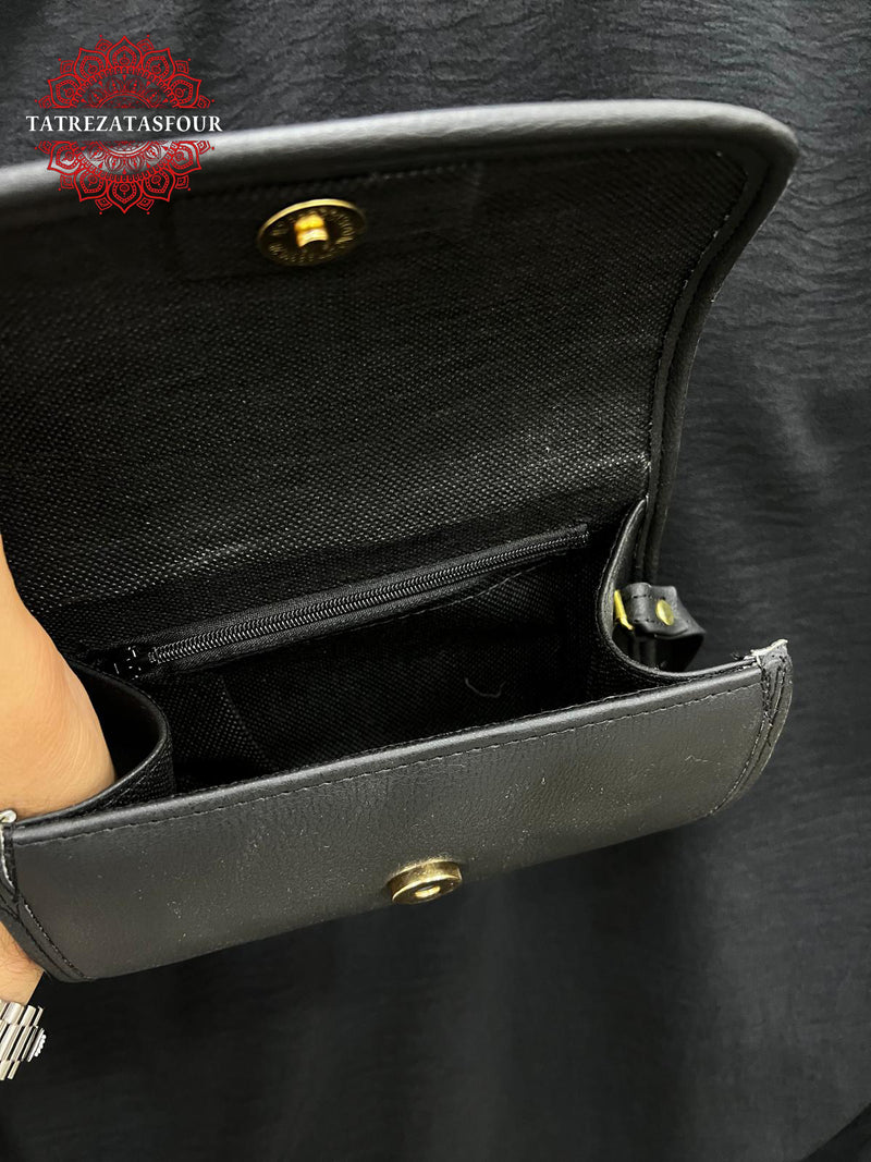 Embroidered Handmade Mini Bag - Black In Red Stitching